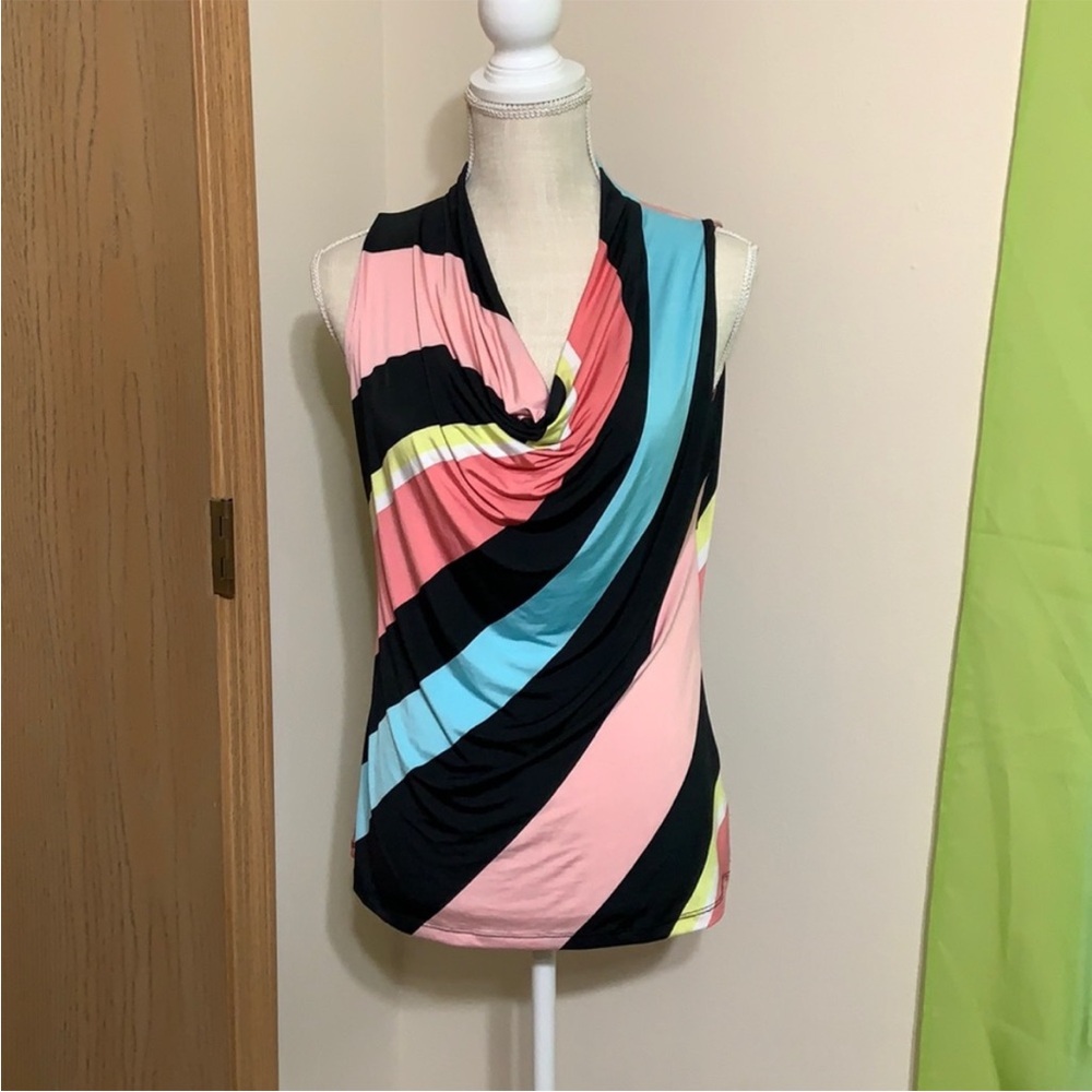 EUC M Worthington rainbow sideways striped cowl neck silk sleeveless blouse
